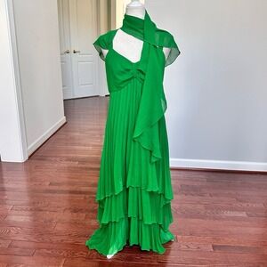 Anthony Studio Green Layered Pleated Asymmetrical Feminine Ethereal Scarf Dress